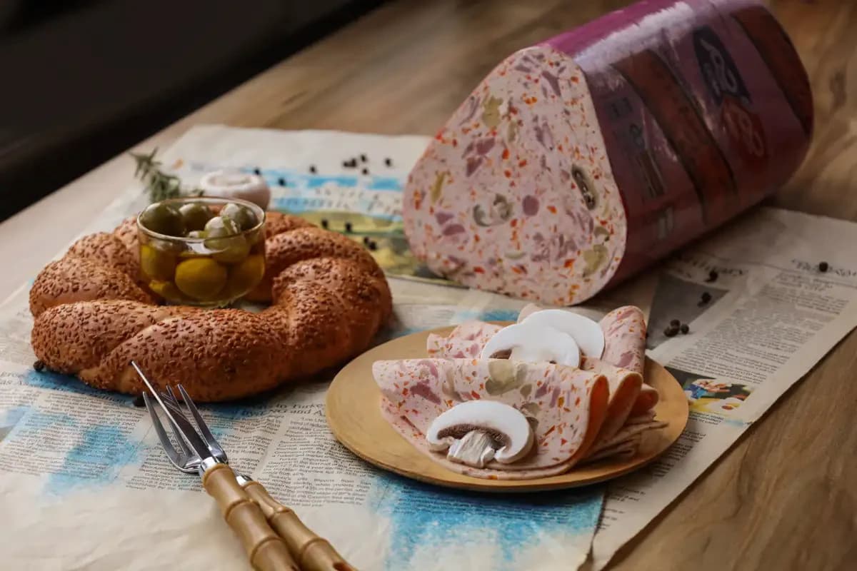 رول کالباس چم چم با برش‌های قارچ و زیتون در کنار نان کنجدی